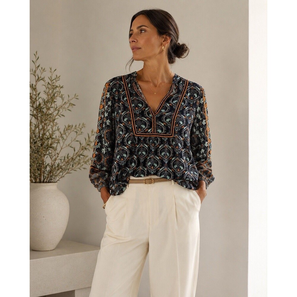 LOFT Rayon Paisley Peasant Blouse M Navy Blue Teal Boho Split Neck Long Sleeve